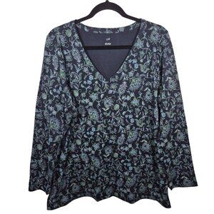J Jill Top Womens L Blue Cotton Tunic 3/4 Sleeve Stretch Side Slit Floral Summer